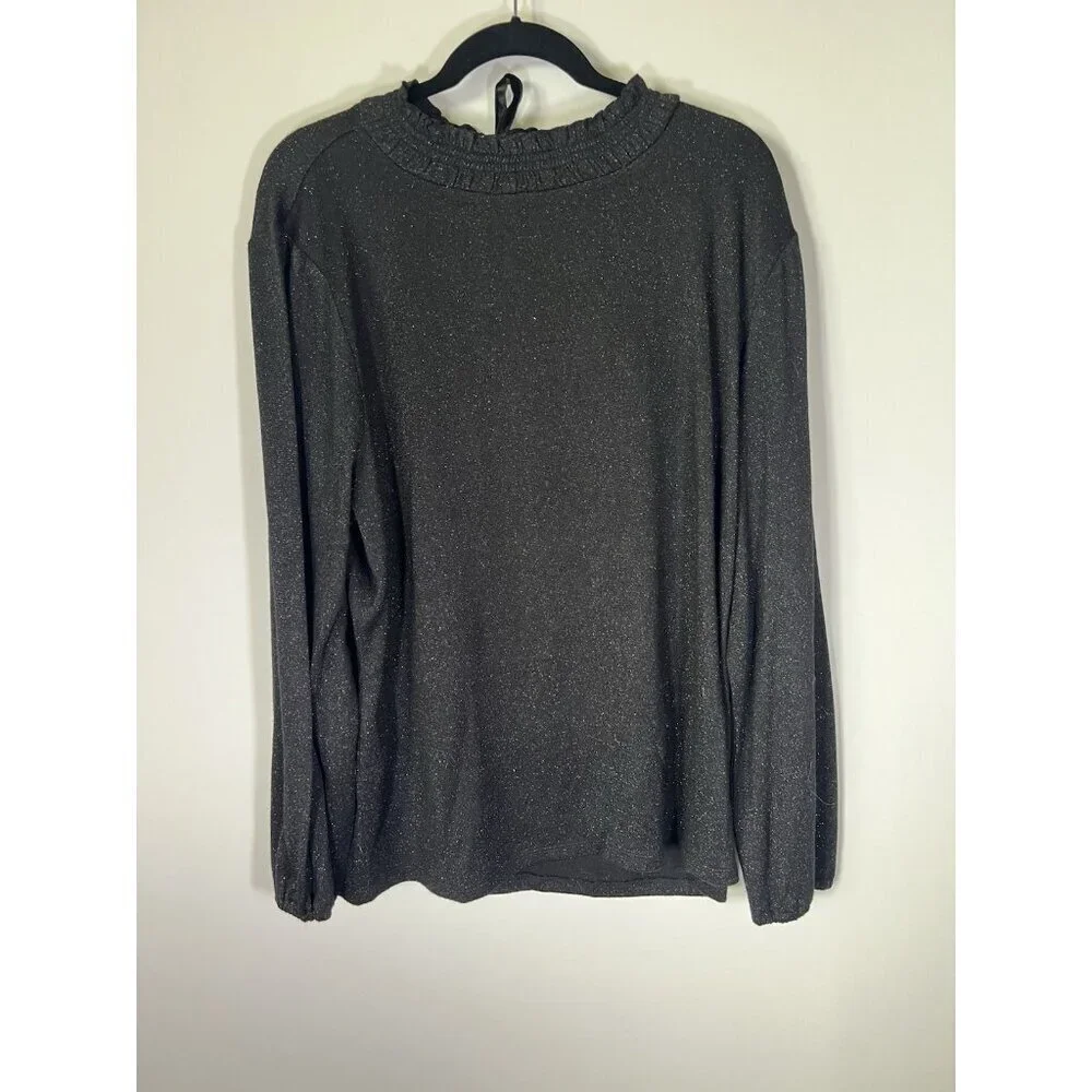NEW Talbots black silver glitter ruffle neck stretch preppy holiday sweater 2X